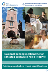 Framside på brosjyre for NBSPH. Ser ulike bilder av samtaler og mennesker, samt tårnet på Gaustad sykehus